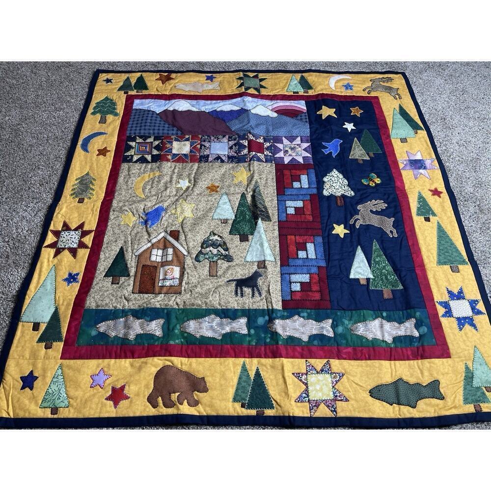 Vintage Lap Quilt Colorful Log Cabin Nature Natural Leaf Floral Woodsy Stars